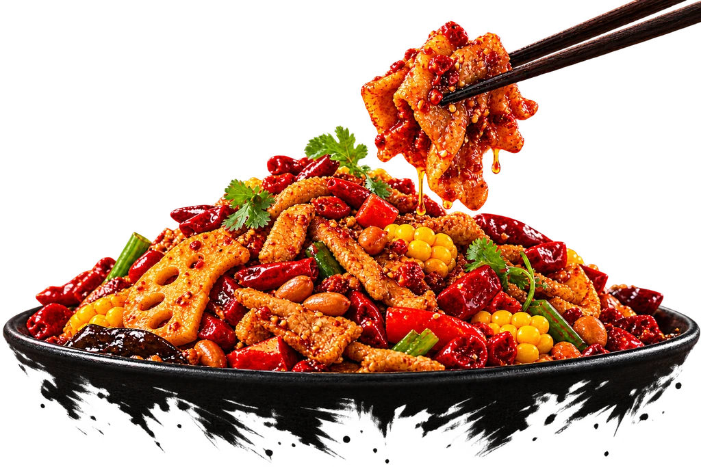 Жарка по-сычуаньски в чёрной посуде. Палочки поднимают кусочек мяса над блюдом.
